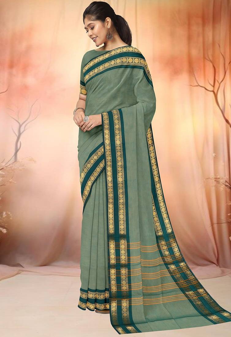 Sage green & deep teal chettinad cotton saree with running blouse