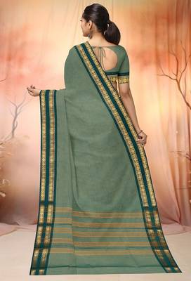 Sage green & deep teal chettinad cotton saree with running blouse 3