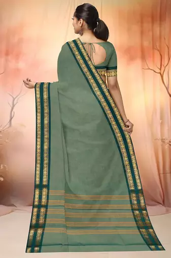 Sage green & deep teal chettinad cotton saree with running blouse