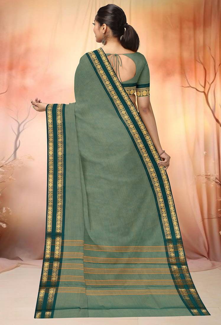 Sage green & deep teal chettinad cotton saree with running blouse