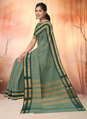 Sage green & deep teal chettinad cotton saree with running blouse 4