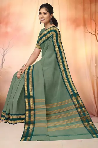 Sage green & deep teal chettinad cotton saree with running blouse
