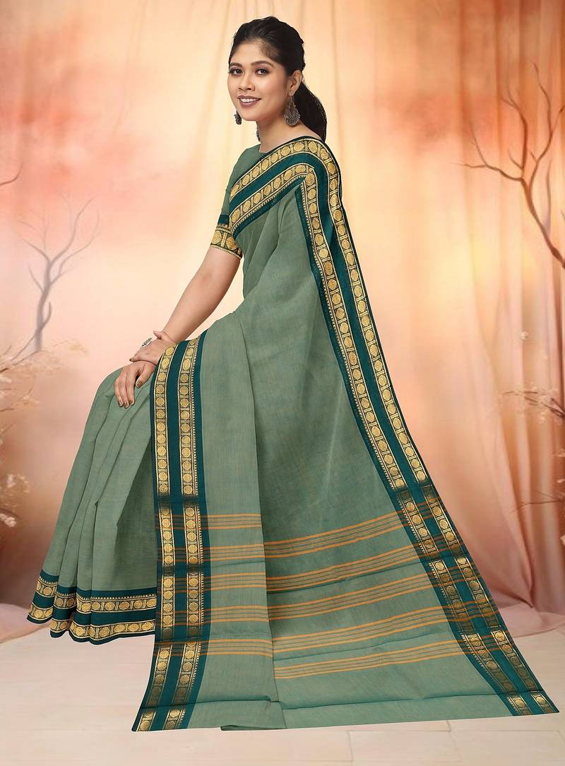 Sage green & deep teal chettinad cotton saree with running blouse