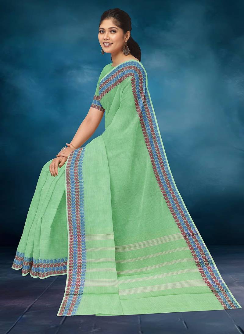 Pale/mint green chettinad cotton saree with running blouse