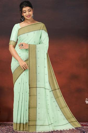 Honeydew green & sand beige kovai cotton saree with running blouse