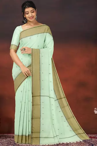 Honeydew green & sand beige kovai cotton saree with running blouse