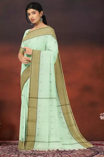 Honeydew green & sand beige kovai cotton saree with running blouse