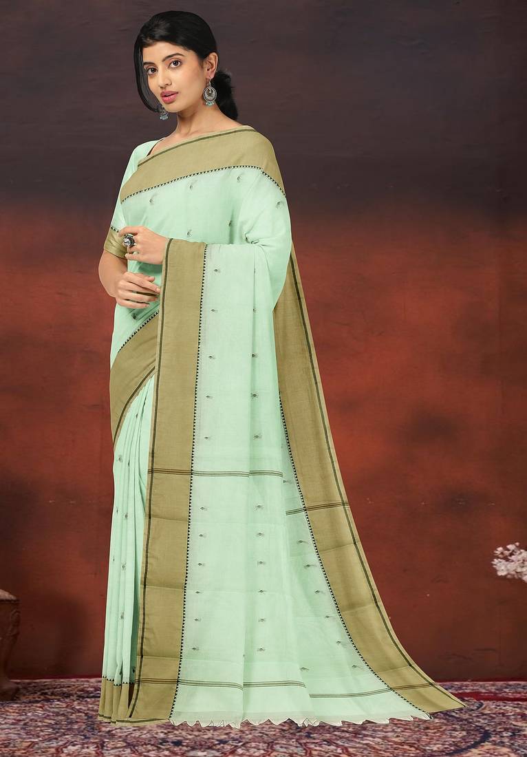 Honeydew green & sand beige kovai cotton saree with running blouse