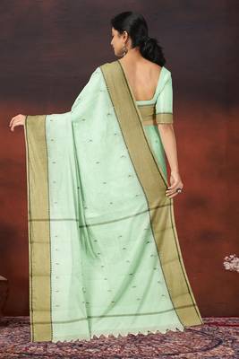 Honeydew green & sand beige kovai cotton saree with running blouse 3