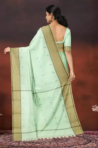 Honeydew green & sand beige kovai cotton saree with running blouse