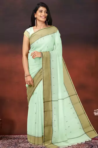 Honeydew green & sand beige kovai cotton saree with running blouse