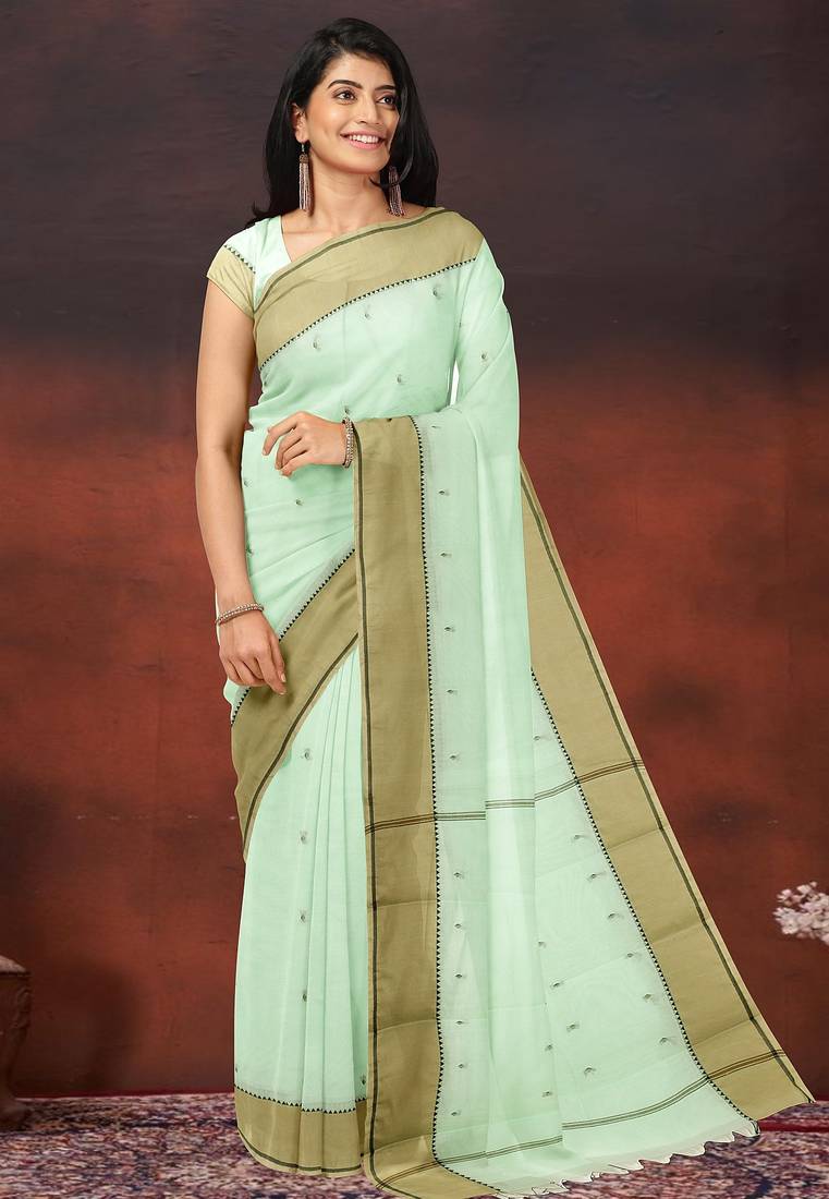 Honeydew green & sand beige kovai cotton saree with running blouse