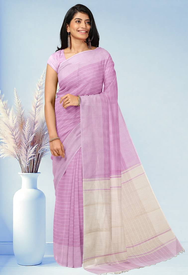 Blush pink & ivory white kovai cotton saree with running blouse