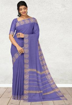 Lavender blue & antique gold chettinad cotton saree with running blouse 1