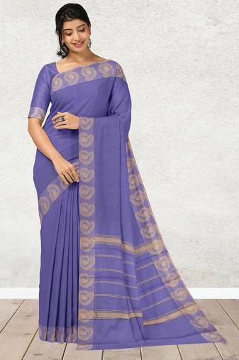 Lavender blue & antique gold chettinad cotton saree with running blouse