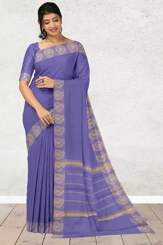 Lavender blue & antique gold chettinad cotton saree with running blouse