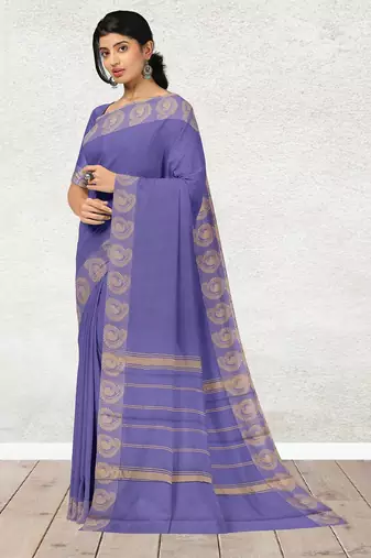Lavender blue & antique gold chettinad cotton saree with running blouse