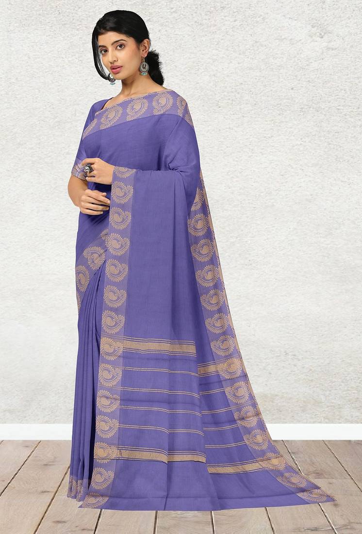 Lavender blue & antique gold chettinad cotton saree with running blouse