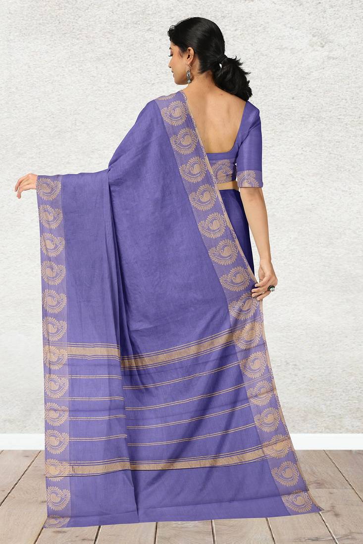 Lavender blue & antique gold chettinad cotton saree with running blouse