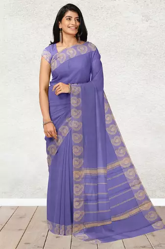 Lavender blue & antique gold chettinad cotton saree with running blouse