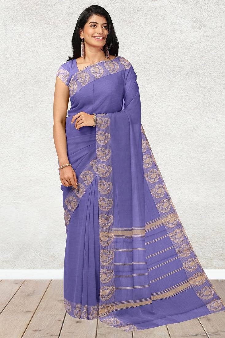 Lavender blue & antique gold chettinad cotton saree with running blouse