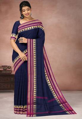 Oxford blue & magenta pink chettinad cotton saree with running blouse 1
