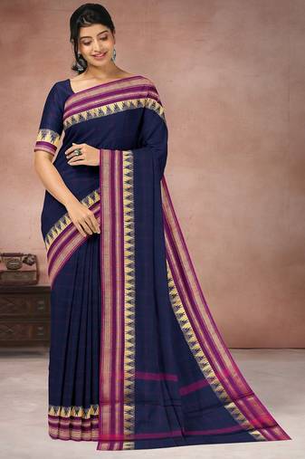 Oxford blue & magenta pink chettinad cotton saree with running blouse