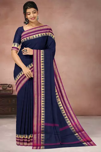 Oxford blue & magenta pink chettinad cotton saree with running blouse