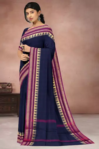 Oxford blue & magenta pink chettinad cotton saree with running blouse