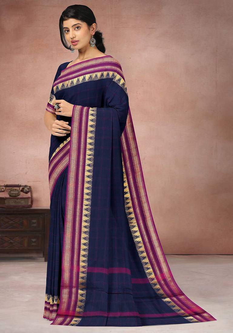 Oxford blue & magenta pink chettinad cotton saree with running blouse