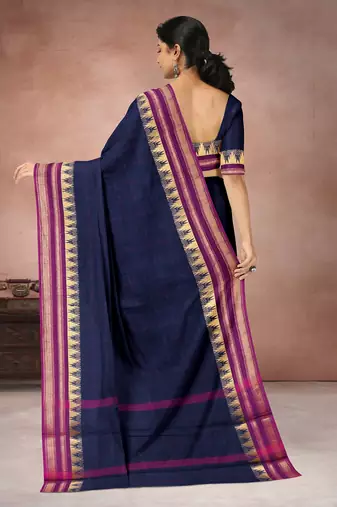 Oxford blue & magenta pink chettinad cotton saree with running blouse