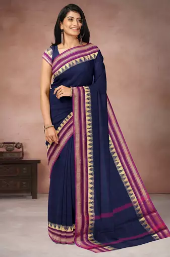 Oxford blue & magenta pink chettinad cotton saree with running blouse