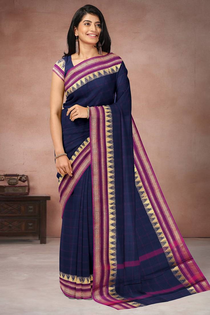 Oxford blue & magenta pink chettinad cotton saree with running blouse