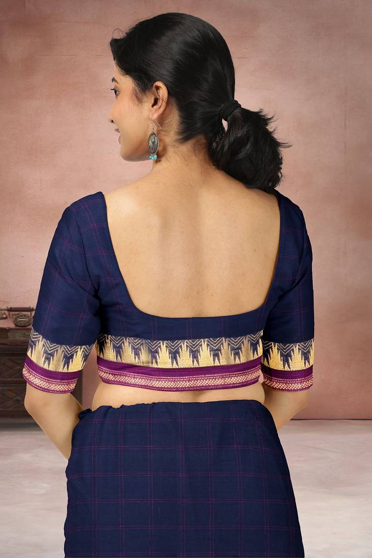 Oxford blue & magenta pink chettinad cotton saree with running blouse