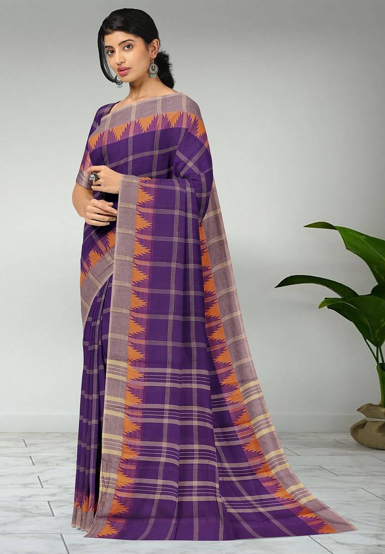 Royal violet & ash taupe chettinad cotton saree with running blouse