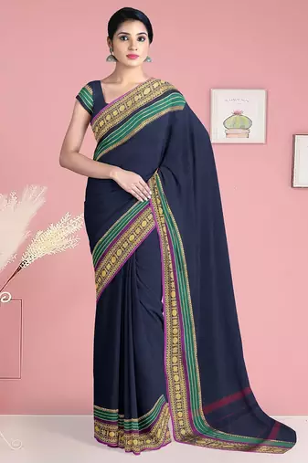 Navy blue & emerald green chettinad cotton saree with running blouse