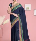 Navy blue & emerald green chettinad cotton saree with running blouse