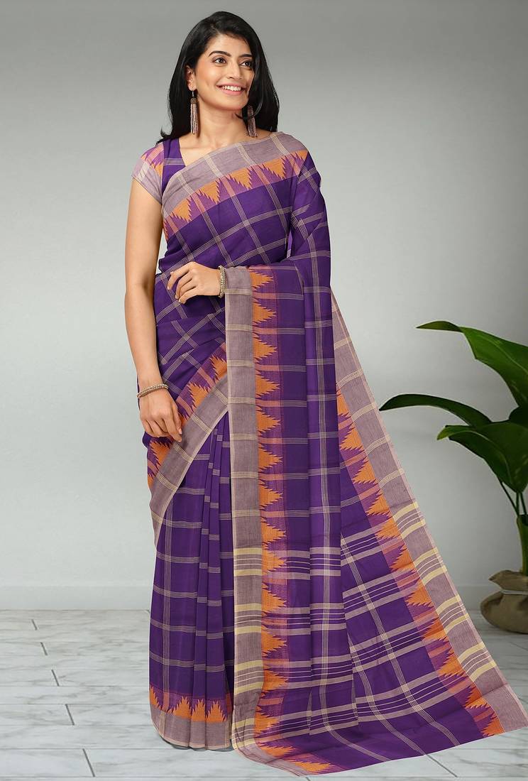 Royal violet & ash taupe chettinad cotton saree with running blouse