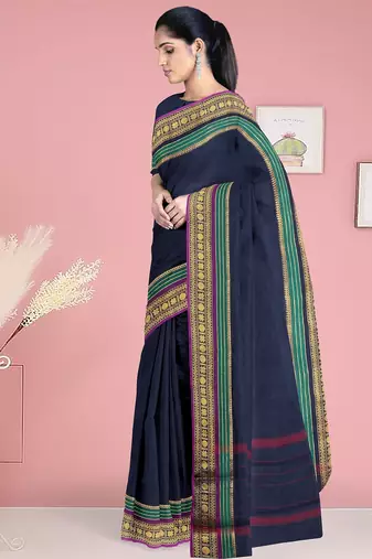 Navy blue & emerald green chettinad cotton saree with running blouse
