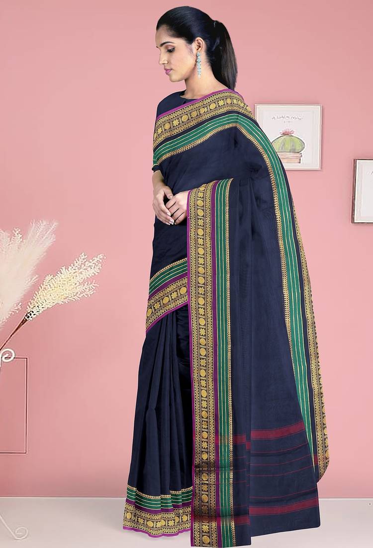 Navy blue & emerald green chettinad cotton saree with running blouse