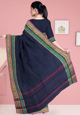 Navy blue & emerald green chettinad cotton saree with running blouse 3
