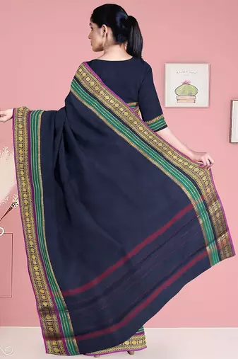 Navy blue & emerald green chettinad cotton saree with running blouse