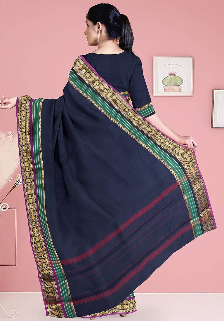Navy blue & emerald green chettinad cotton saree with running blouse