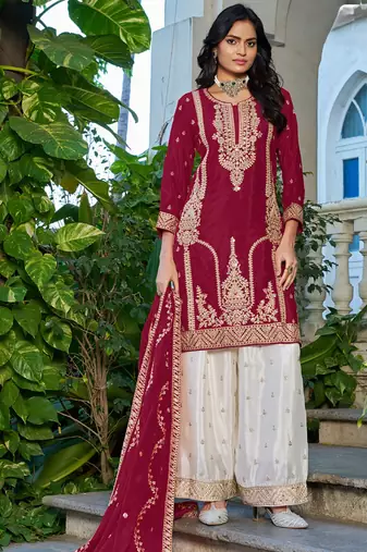 Red embroidered chinon silk palazzo siut