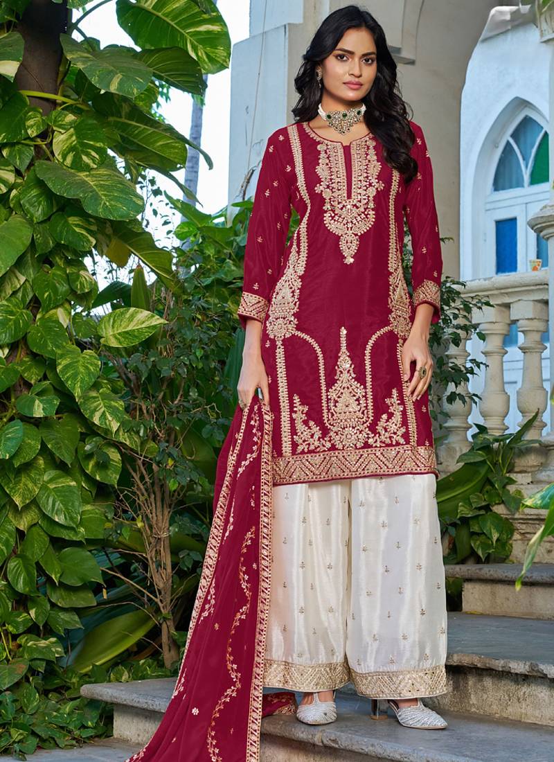 Red embroidered chinon silk palazzo siut