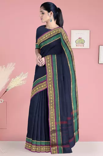 Navy blue & emerald green chettinad cotton saree with running blouse