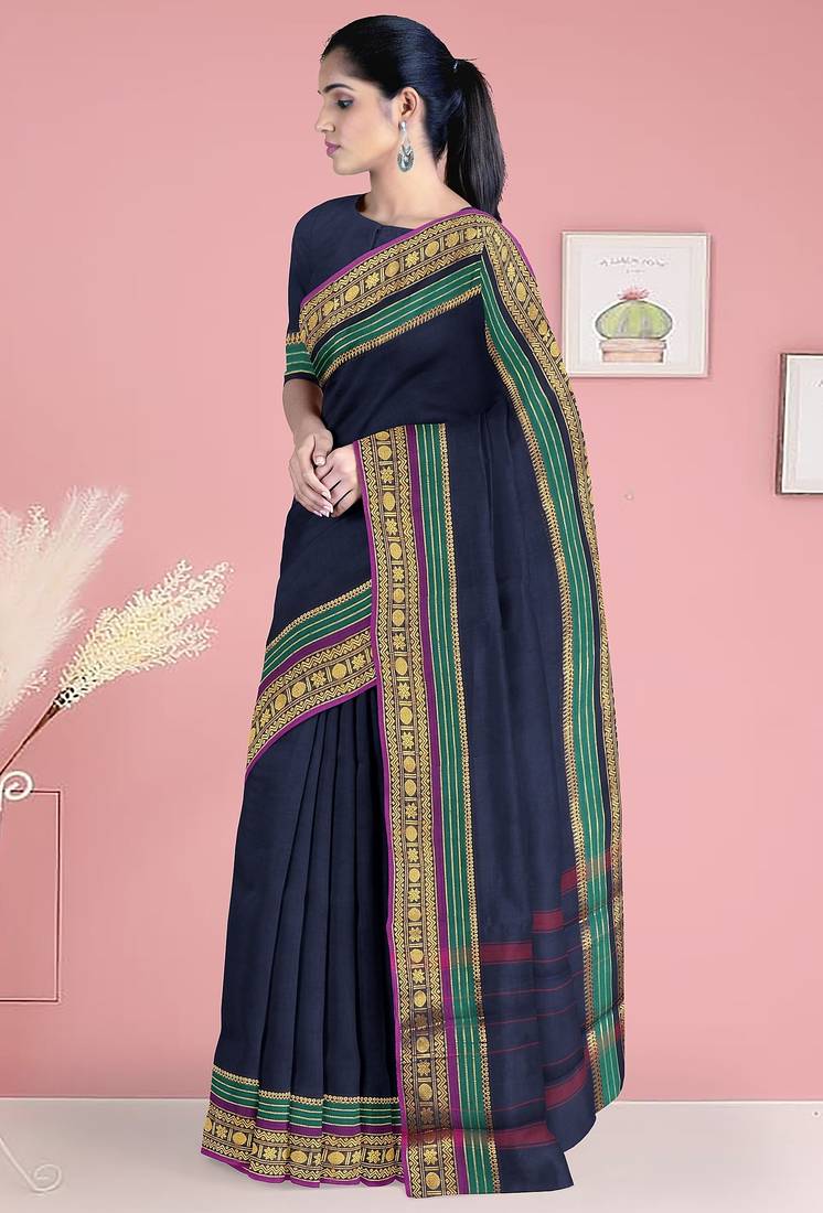 Navy blue & emerald green chettinad cotton saree with running blouse