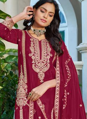 Red embroidered chinon silk palazzo siut 2