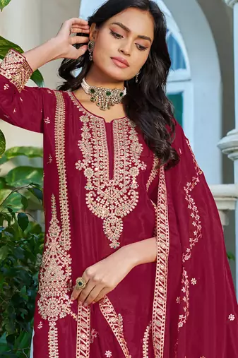 Red embroidered chinon silk palazzo siut