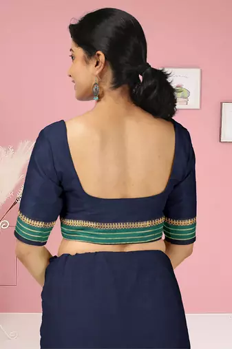 Navy blue & emerald green chettinad cotton saree with running blouse